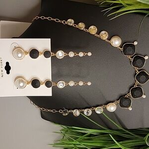 Black Gold Pearl Rhinestones Drop Earring and Necklace Set Isaac Mizrahi